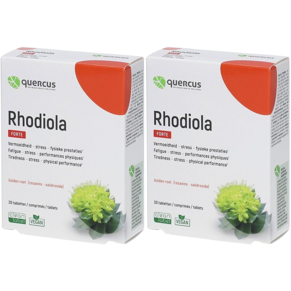 Twee witte dozen met "Quercus Rhodiola Forte". Rode accent, groene bloem. Tekst: Vermoeidheid, stress, fysieke prestaties.