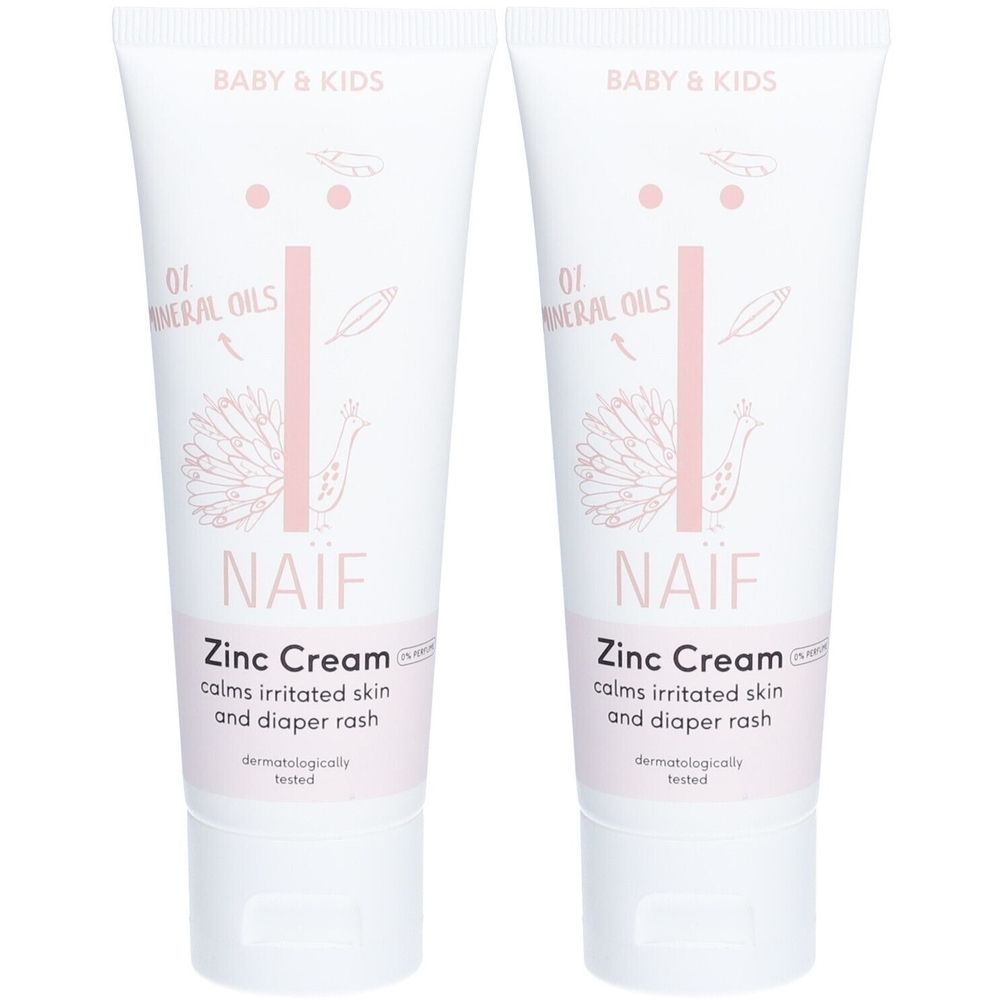 Twee tubes Naïf zinkcrème. Witte tubes met roze opdruk. Opschriften: Baby & Kids, Zinc Cream, kalmeert geïrriteerde huid en luieruitslag.