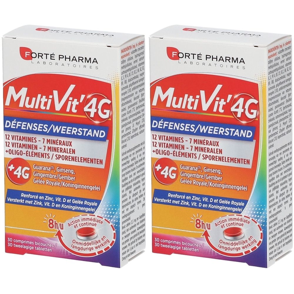 Twee dozen MultiVit' 4G. Opschrift: 12 vitaminen, 7 mineralen, +oligo-elementen. Met guarana, ginseng, gember, koninginnengelei. 30 tabletten.