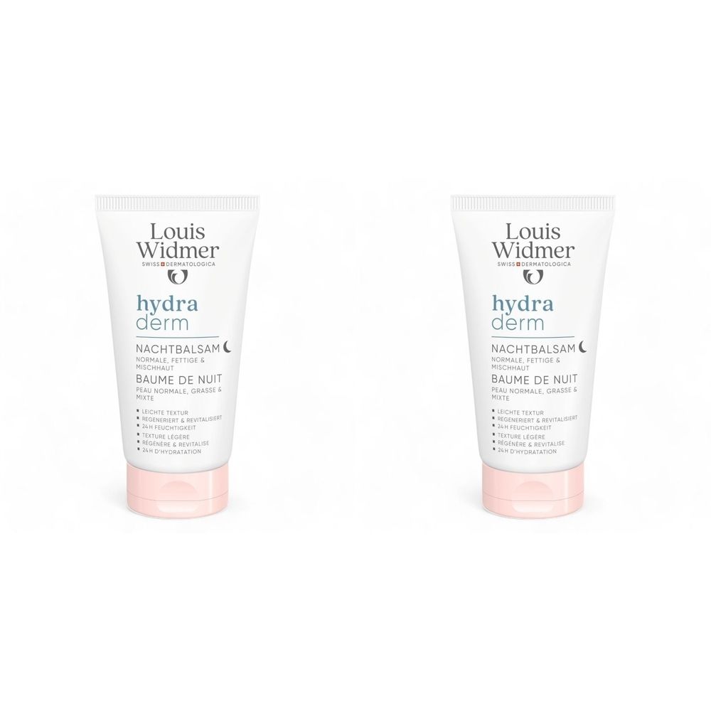 Deux tubes de Louis Widmer hydra derm Baume de Nuit. Tubes blancs avec bouchon rose. Texte noir et turquoise. Nom du produit et marque visibles.