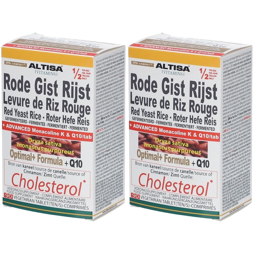 Deux boîtes de "Rode Gist Rijst", "Levure de Riz Rouge" et "Cholesterol". Contiennent des comprimés.