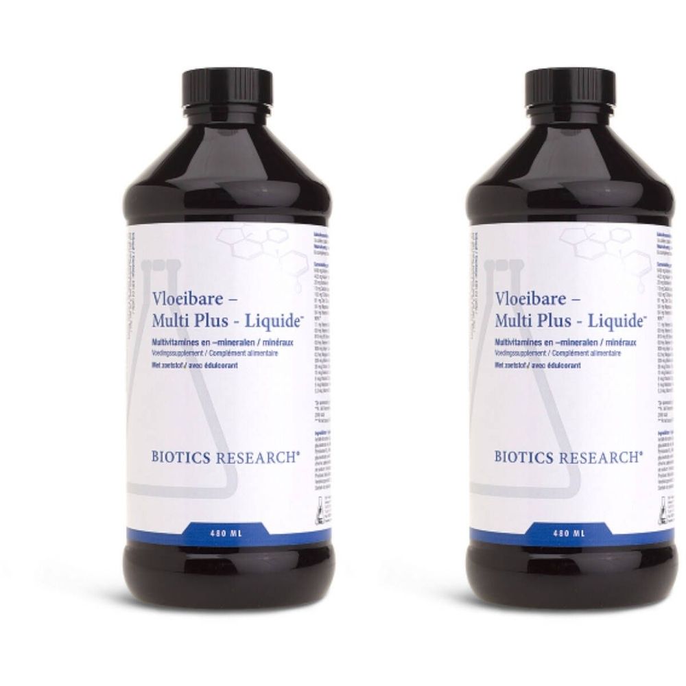 Deux flacons avec bouchons noirs et étiquettes blanches. Inscription : Vloeibare - Multi Plus - Liquide. Marque : BIOTICS RESEARCH.