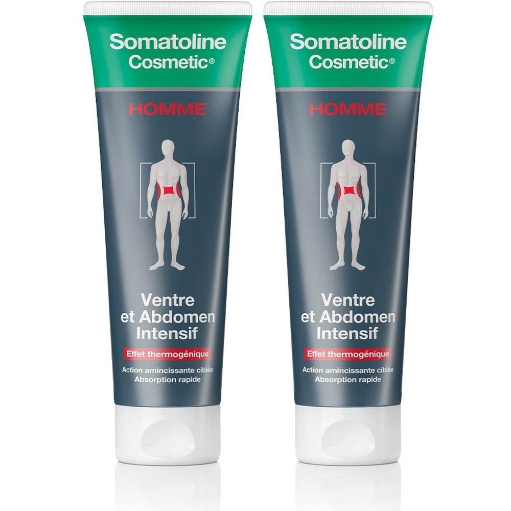 Deux tubes de Somatoline Cosmetic Homme. Inscription : Homme, Ventre et Abdomen Intensif. Effet thermogénique.