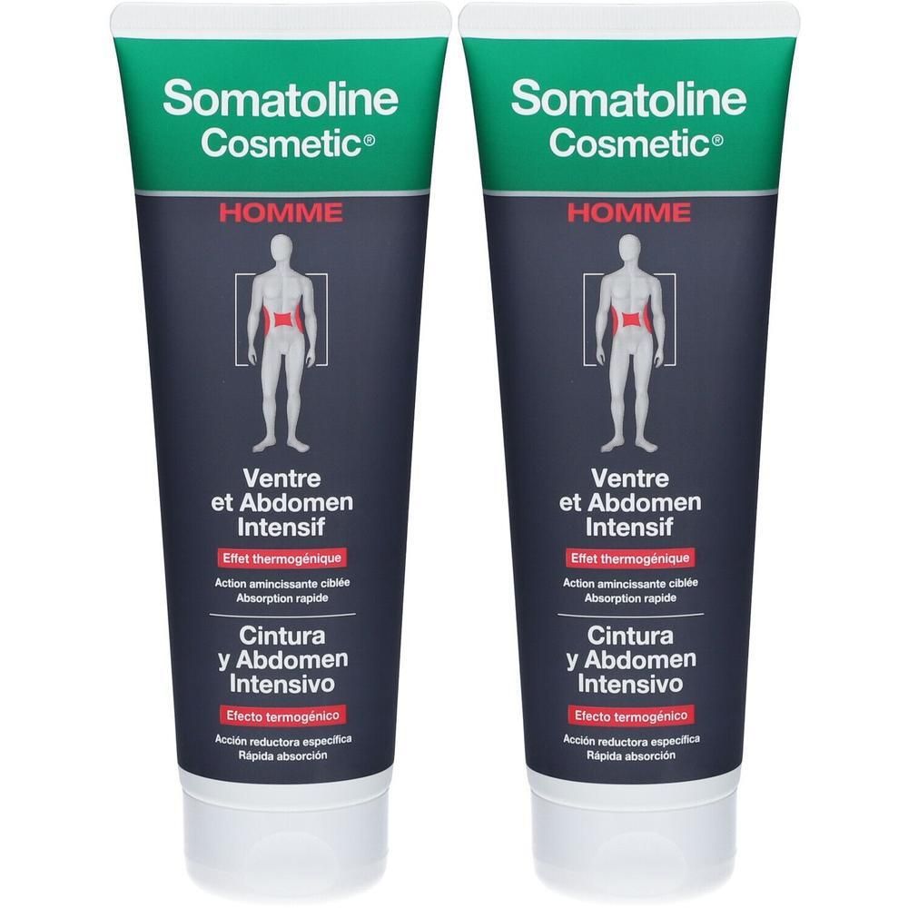 Deux tubes Somatoline Cosmetic. Tubes bleu foncé avec texte blanc et bouchon vert. Silhouette masculine avec zone abdominale mise en évidence.
