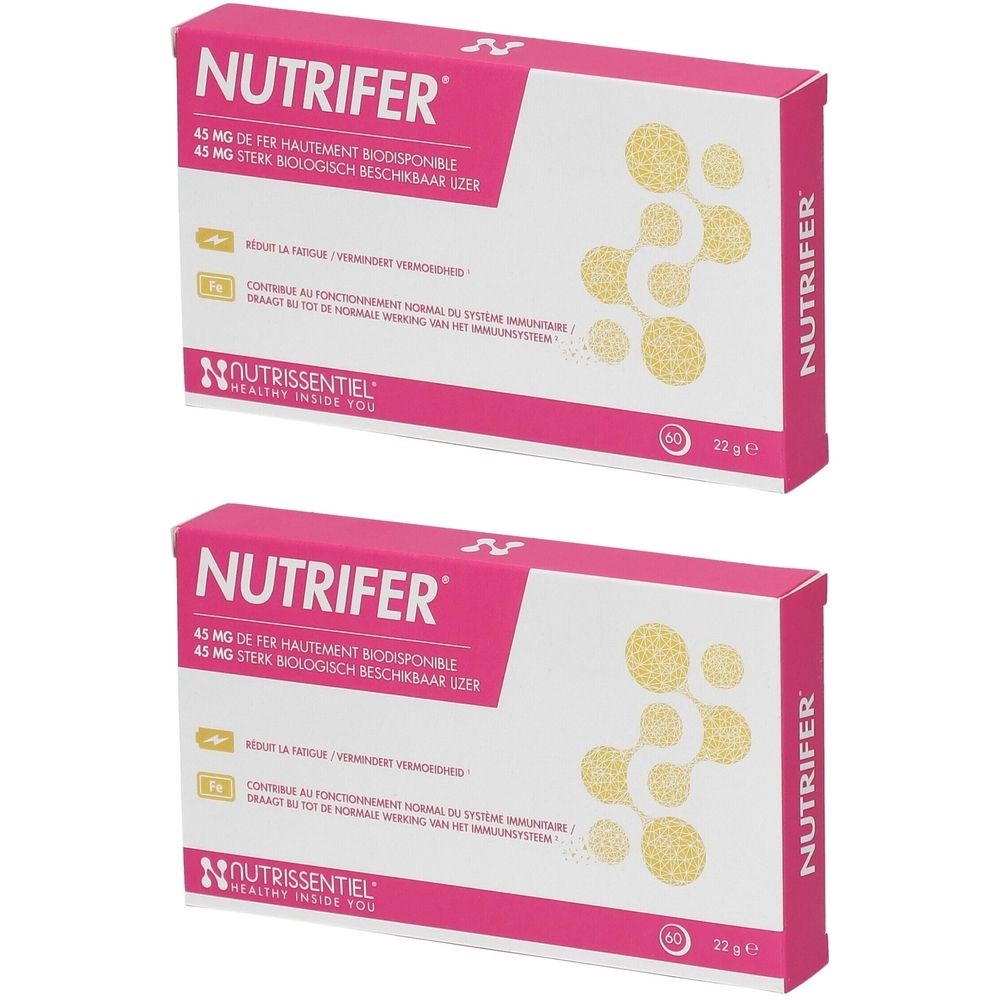 Deux boîtes roses avec le mot "NUTRIFER". Chaque boîte indique "45 mg de fer". Le logo "NOUTRISSENTIEL" est également visible.