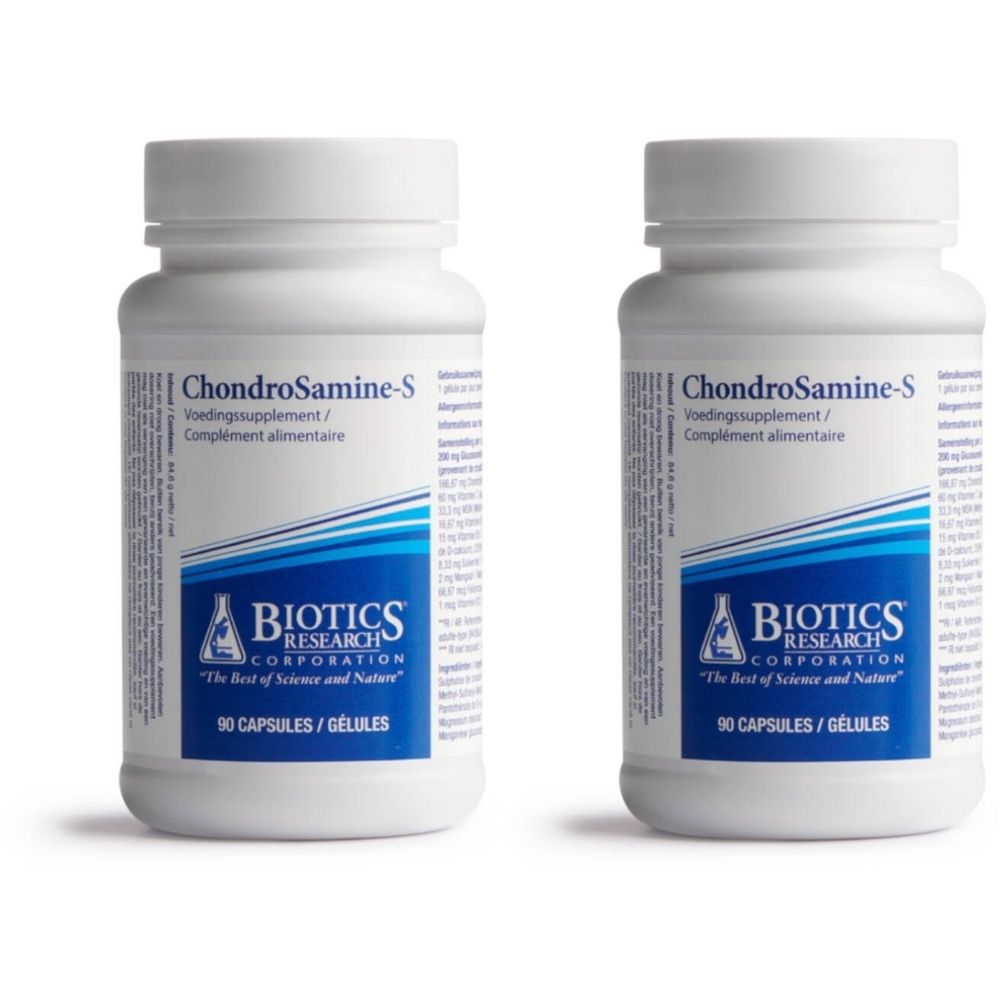 Twee witte flessen met etiketten. Opschrift: ChondroSamine-S, BIOTICS RESEARCH. 90 capsules.