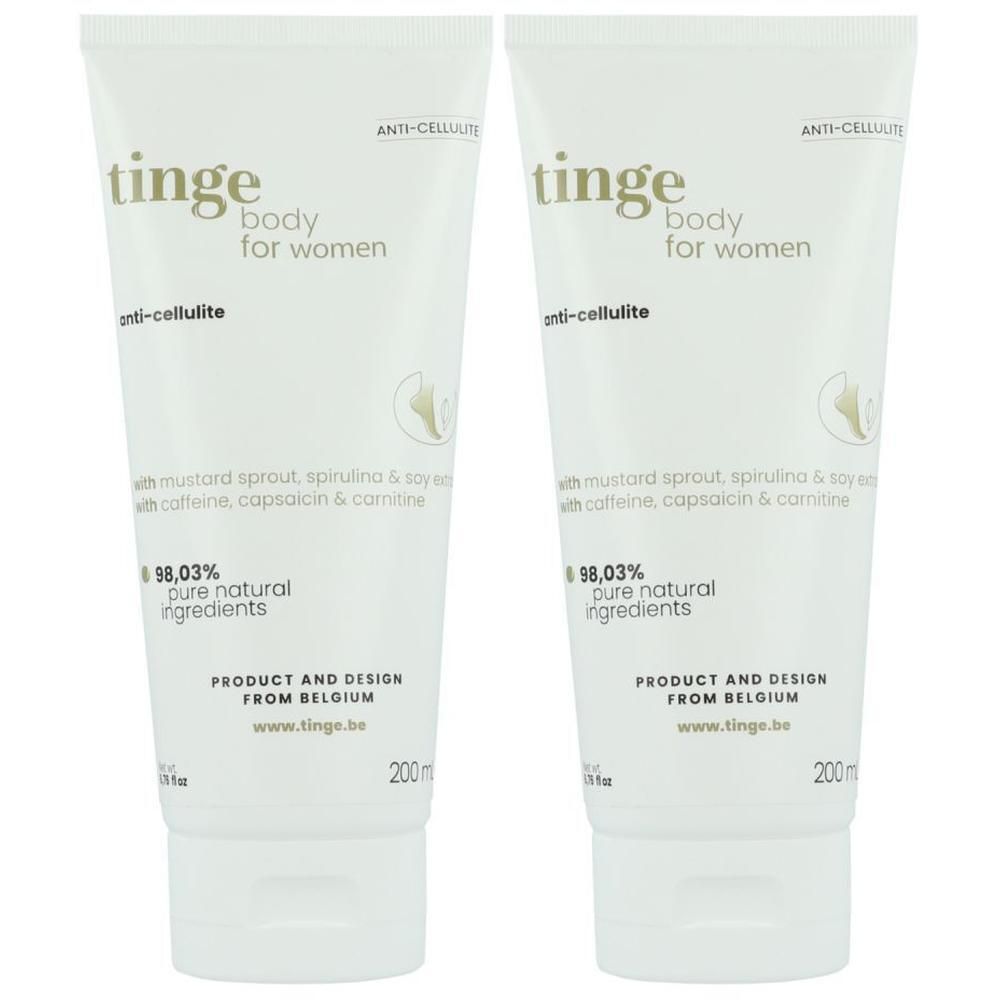 Twee crèmetubes. Opschrift: Tinge body for women, anti-cellulite. Met ingrediënten. 98,03% pure natuurlijke ingrediënten. Product uit België.