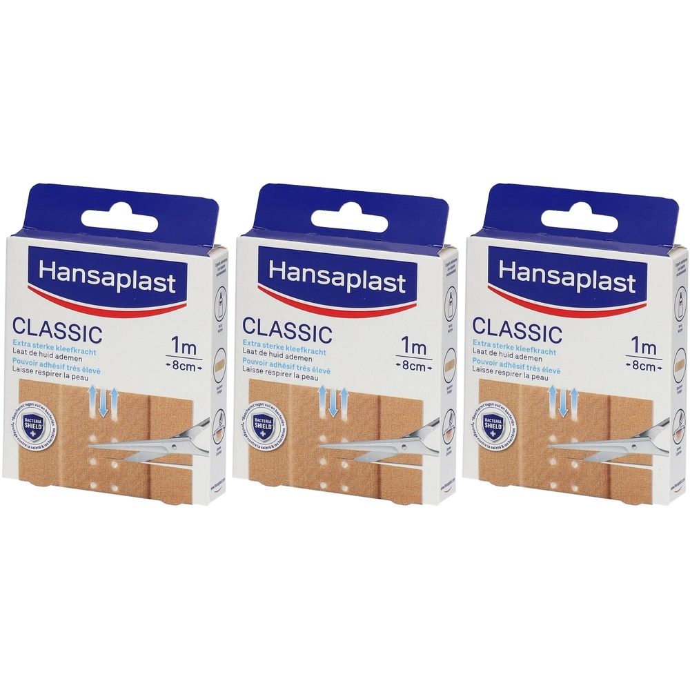 Drie verpakkingen Hansaplast Classic. Elke verpakking toont "CLASSIC", "1m -8cm". Pleisters en een schaar zijn zichtbaar.