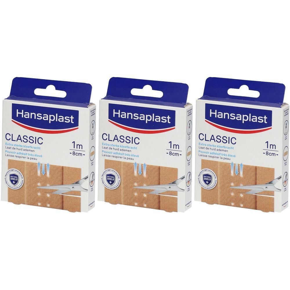 Drie dozen Hansaplast Classic Pansement. Elke doos toont pleisterstrips, 1m x 8cm. Blauw en witte verpakking.