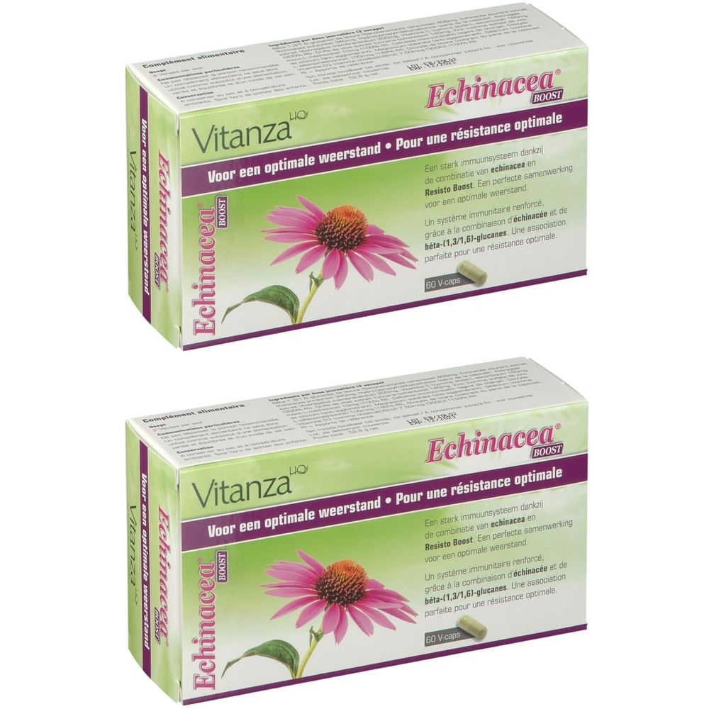Deux boîtes de Vitanza HQ Echinacea Boost. Emballage vert et blanc avec image et texte. 20 gélules.