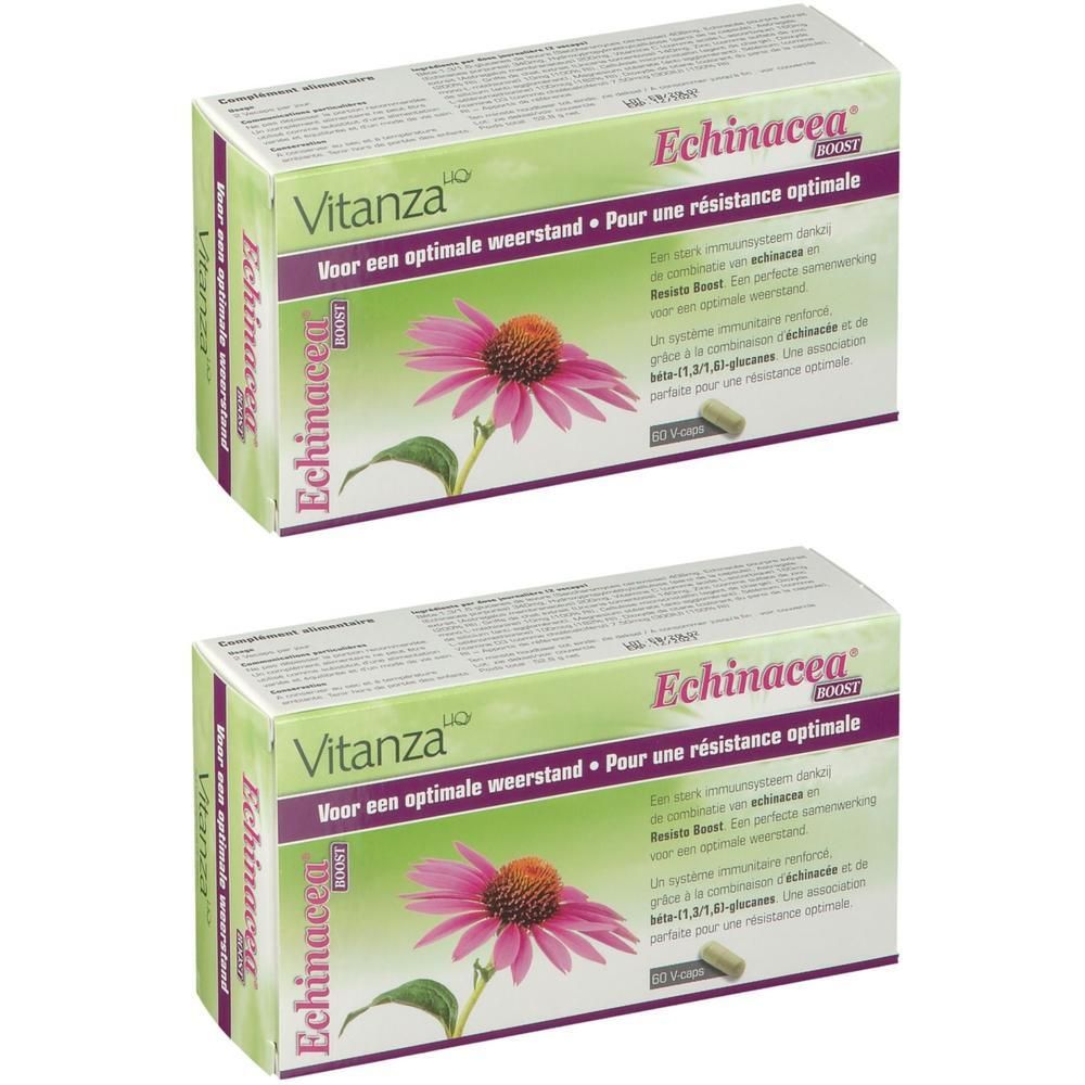 Deux boîtes de Vitanza HQ Echinacea® Boost. Design vert et blanc avec nom du produit et image de fleur. 20 comprimés.
