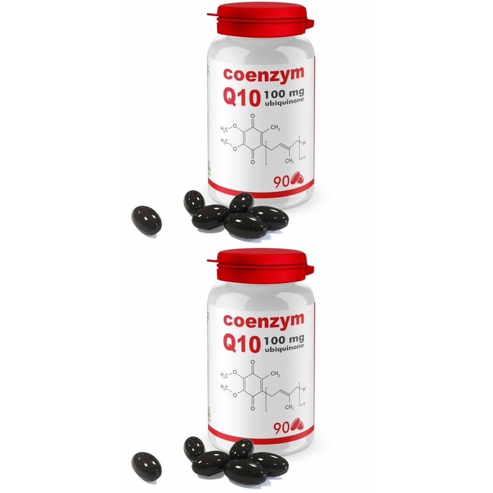 Twee witte flessen met rode dop. Opschrift: Co-enzym Q10 100 mg. Zwarte capsules ernaast.