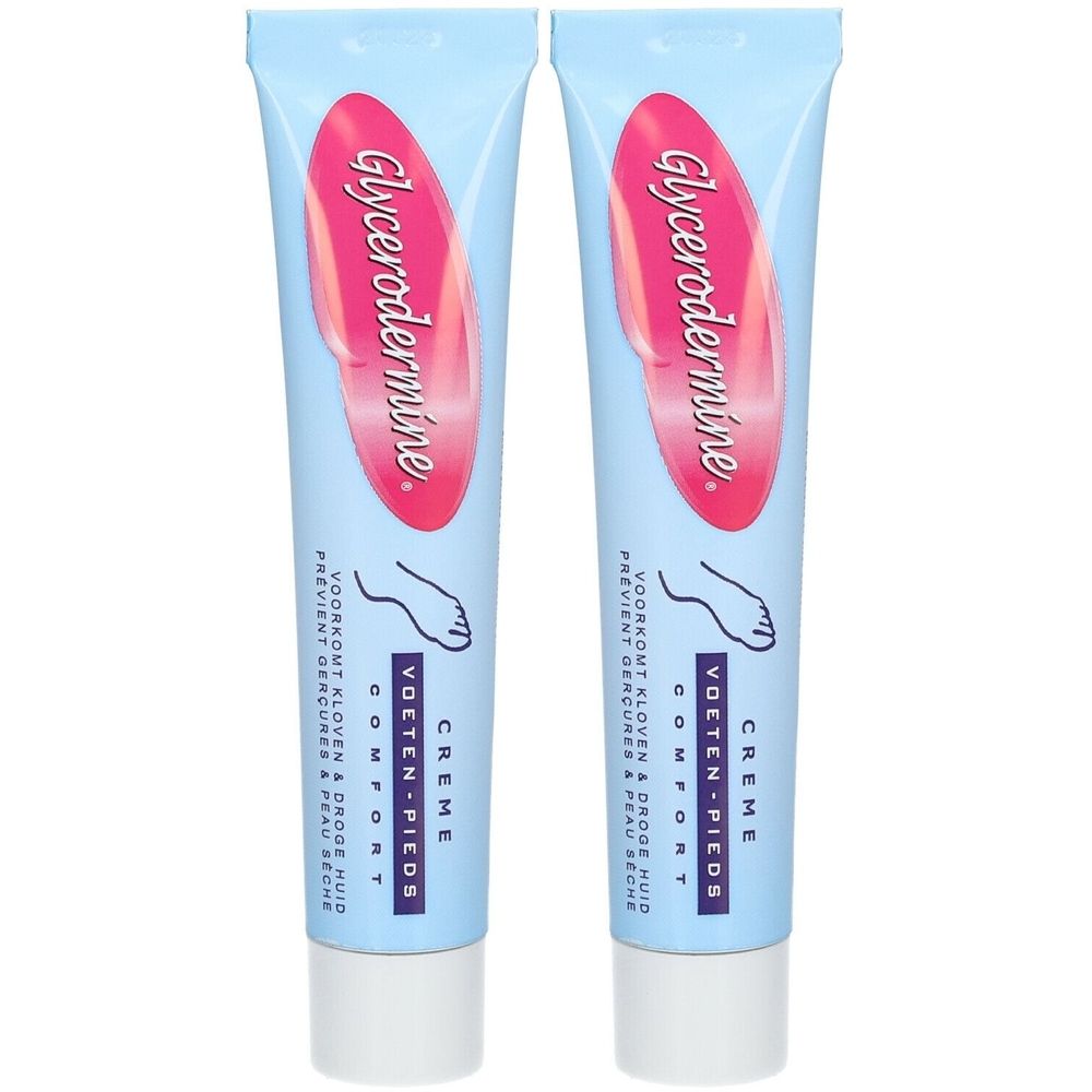 Deux tubes de crème. Tubes bleu clair avec logo rose et texte Glycerodermine. Texte: Voeten-Pieds Comfort, Crème.