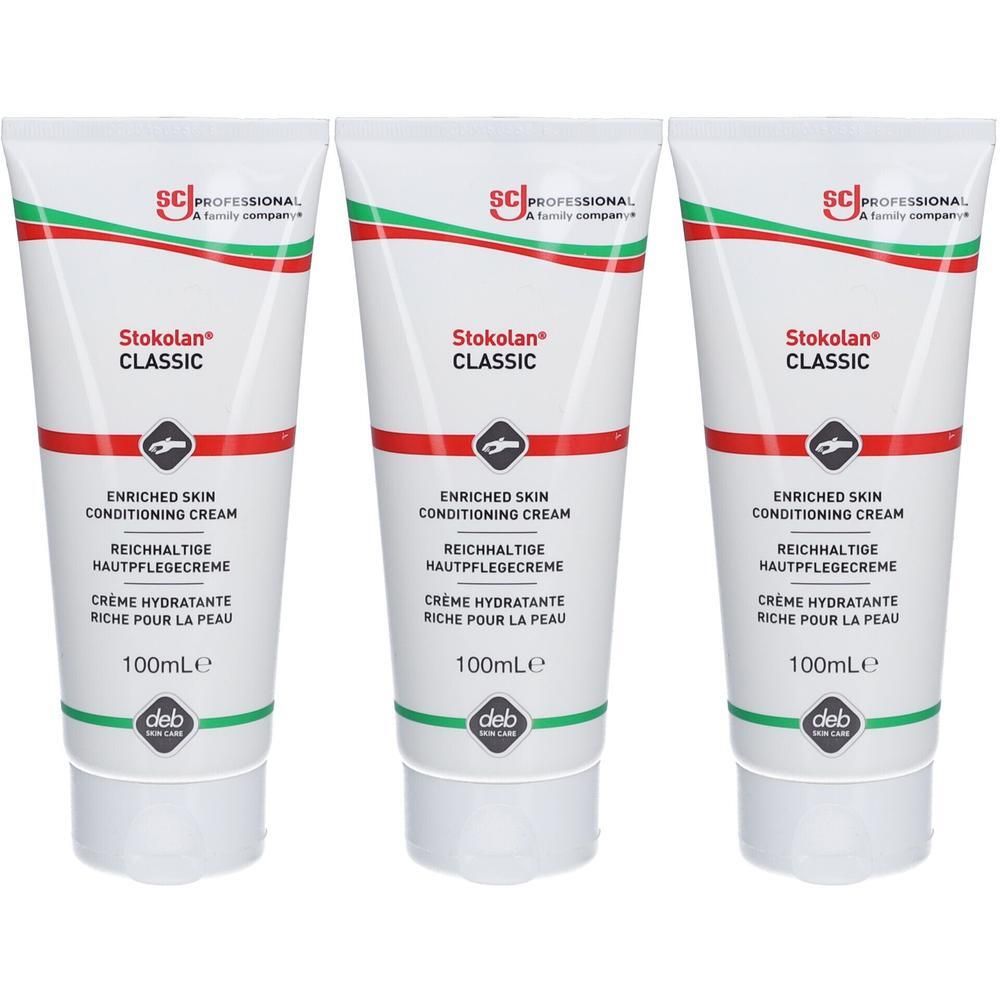 Drie tubes Stokolan® Classic crème. Witte tubes met rode en groene belettering. Tekst: "ENRICHED SKIN CONDITIONING CREAM".