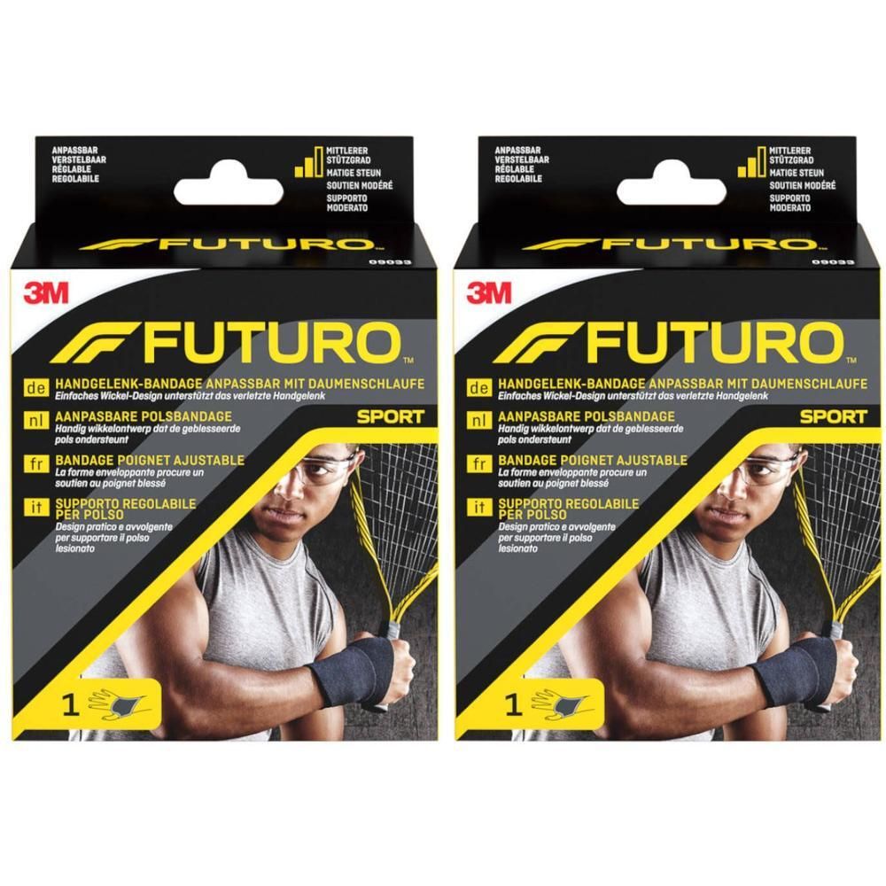 Twee Futuro Sport polsbandages in verpakking. Zwarte bandage met duimlus. 3M logo en productnaam zichtbaar.