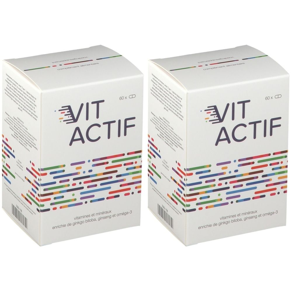 Twee witte dozen met "VIT ACTIF". Gekleurde strepen onderaan. Tekst: Vitaminen en mineralen, verrijkt met ginkgo biloba, ginseng en omega-3.