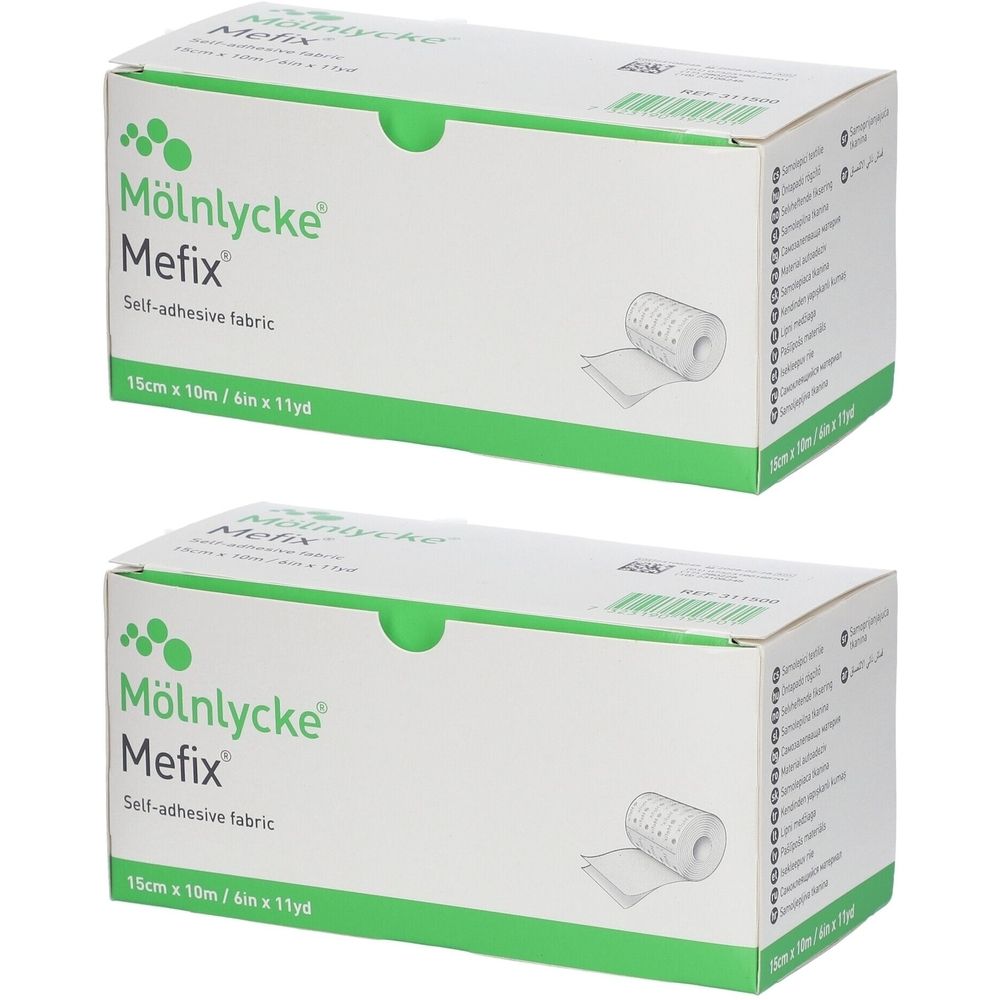 Deux boîtes blanches et vertes. Inscription : Mölnlycke Mefix, tissu auto-adhésif, 15cm x 10m. Illustration du produit.