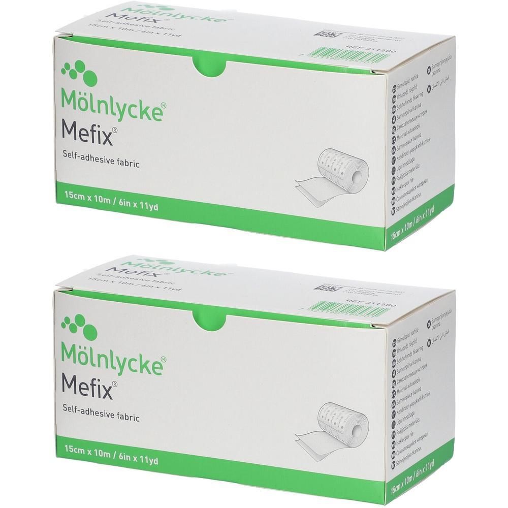 Deux boîtes de Mefix, tissu auto-adhésif. Inscription : 15cm x 10m. Emballage vert et blanc avec illustration.