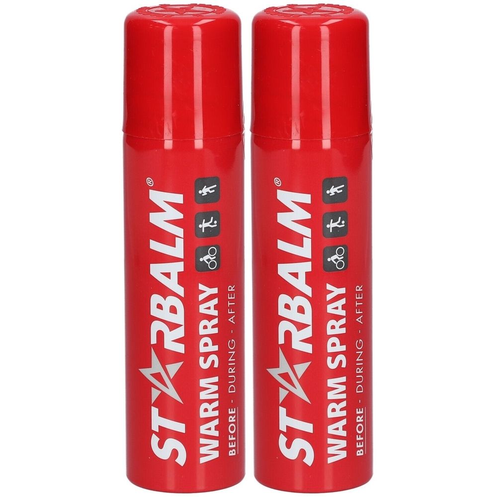 Deux sprays rouges avec l'inscription blanche STARBALM WARM SPRAY. Symboles sportifs. Avant, pendant et après l'effort.