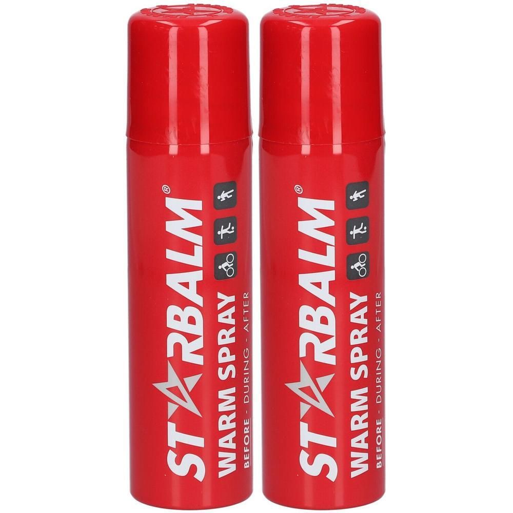 Deux sprays rouges avec logo STARBALM blanc. Symboles sportifs. Inscription: Warm Spray.
