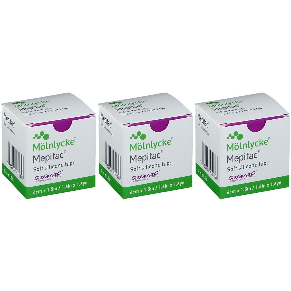 Drie dozen Mepitac, zachte siliconen tape. Opschrift: Mölnlycke, Safetac, 4cm x 1,5m.