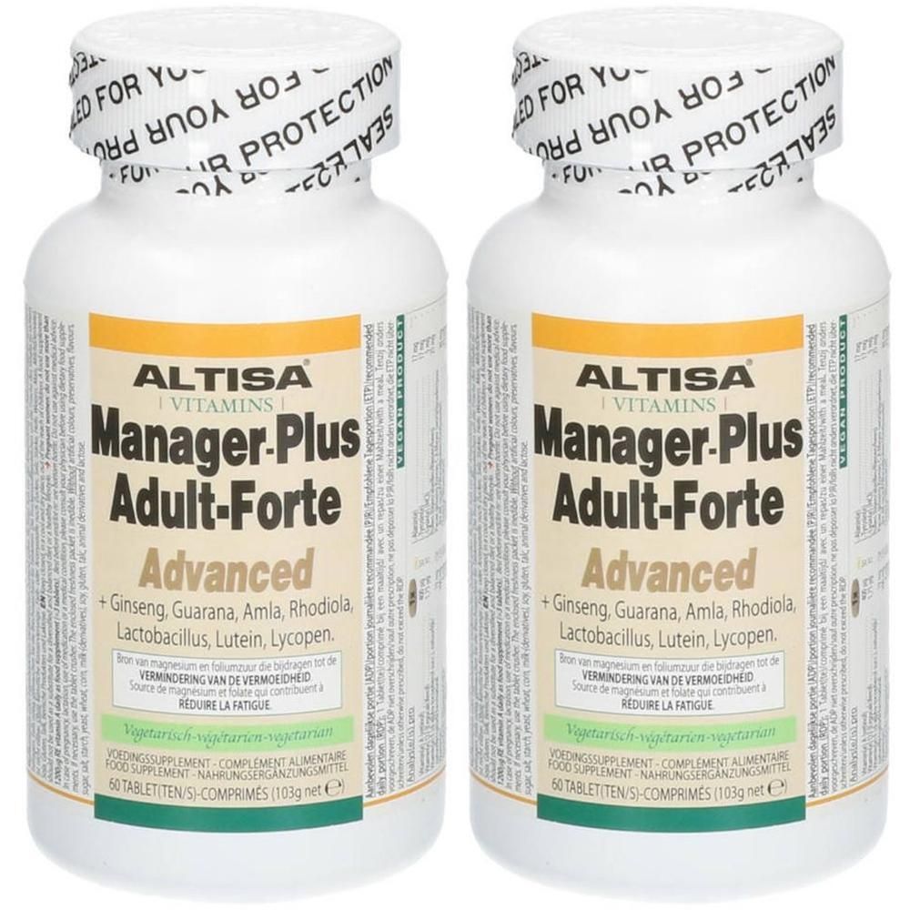 Deux flacons ALTISA Manager-Plus Adult-Forte Advanced. Flacons blancs avec étiquette. Inscription visible : ALTISA, Manager-Plus, Adult-Forte.