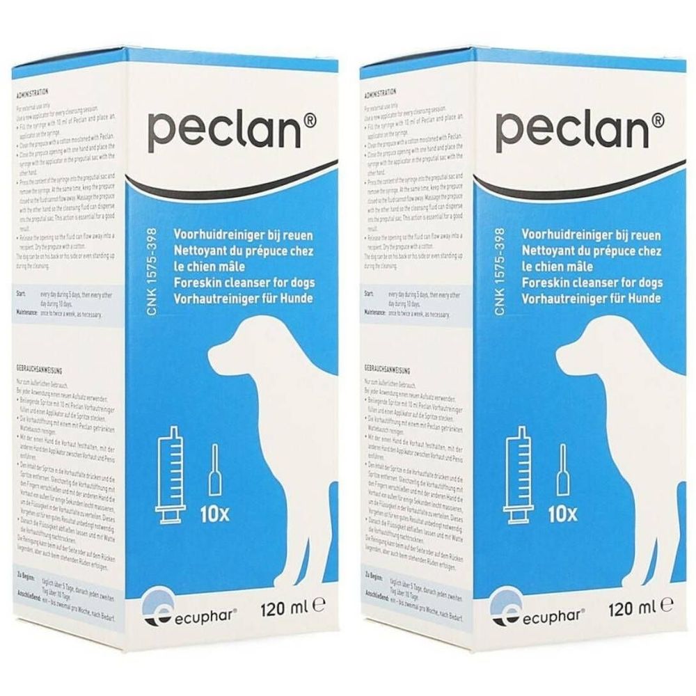 Twee blauwe dozen met "peclan" logo. Opschrift: Voorhuidreiniger voor honden. Bevat 10 spuiten. 120 ml.