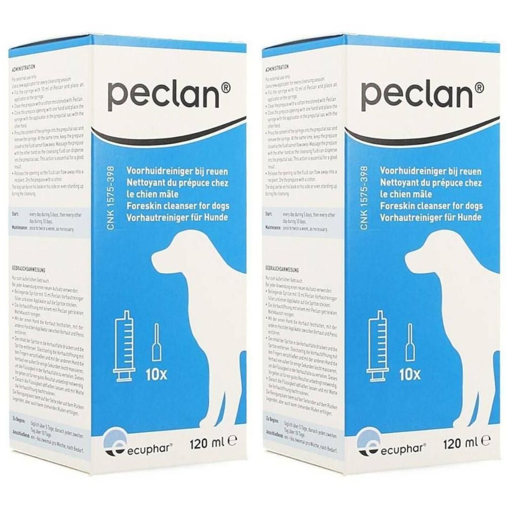 Deux boîtes de peclan®. Emballage bleu et blanc avec nom du produit, silhouette de chien et informations. 10 seringues, 120 ml.