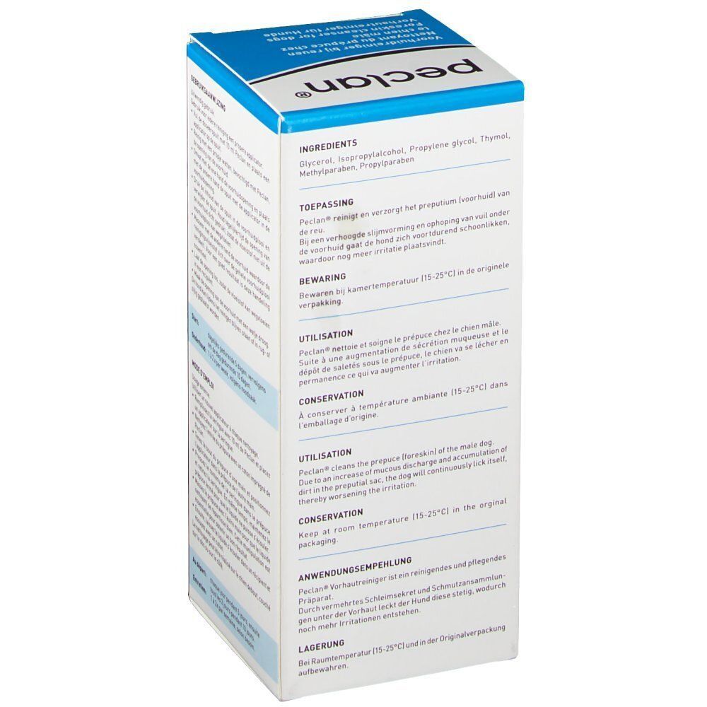 Emballage peclan®. Boîte bleue et blanche avec nom du produit et ingrédients. Contient du texte sur l'utilisation et la conservation.