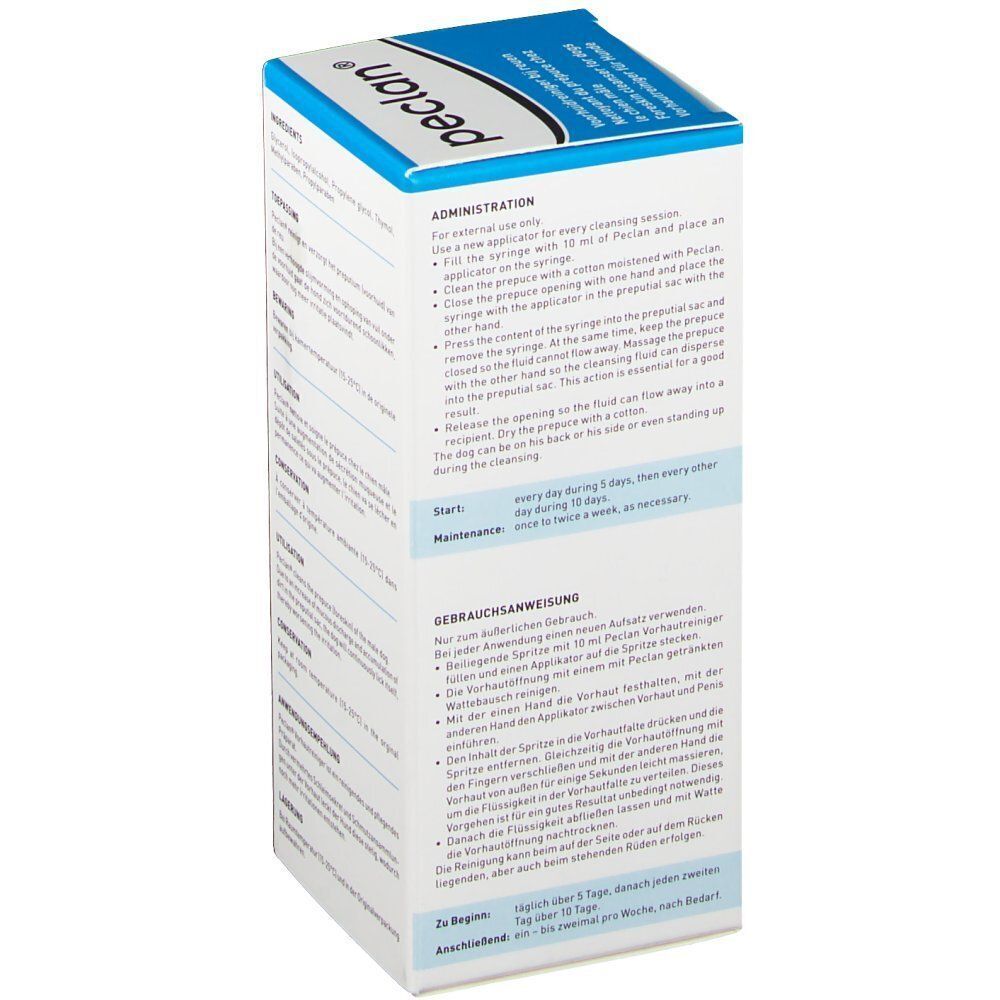 Emballage peclan®. Boîte bleue et blanche avec nom du produit et instructions d'administration. Contient du texte sur l'administration.