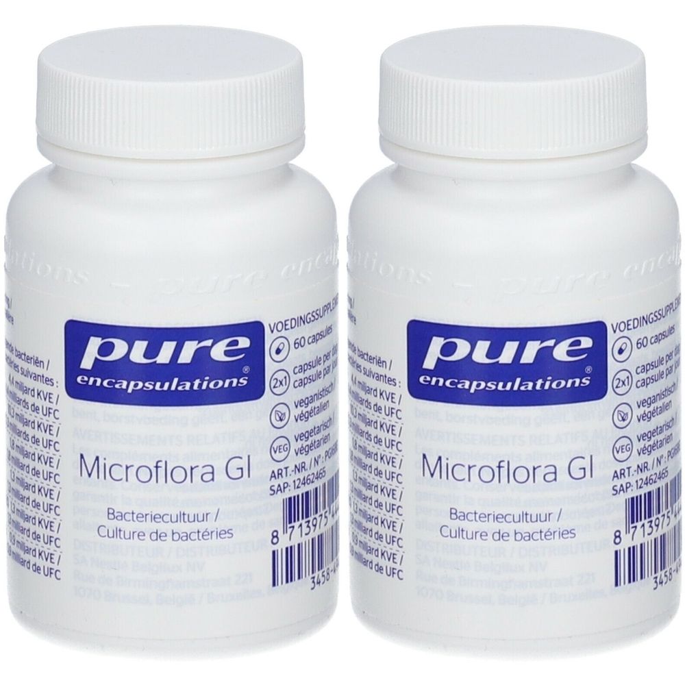 Deux flacons blancs avec bouchons à vis. Inscription 'pure encapsulations' et 'Microflora GI'. Étiquettes avec texte et code-barres.