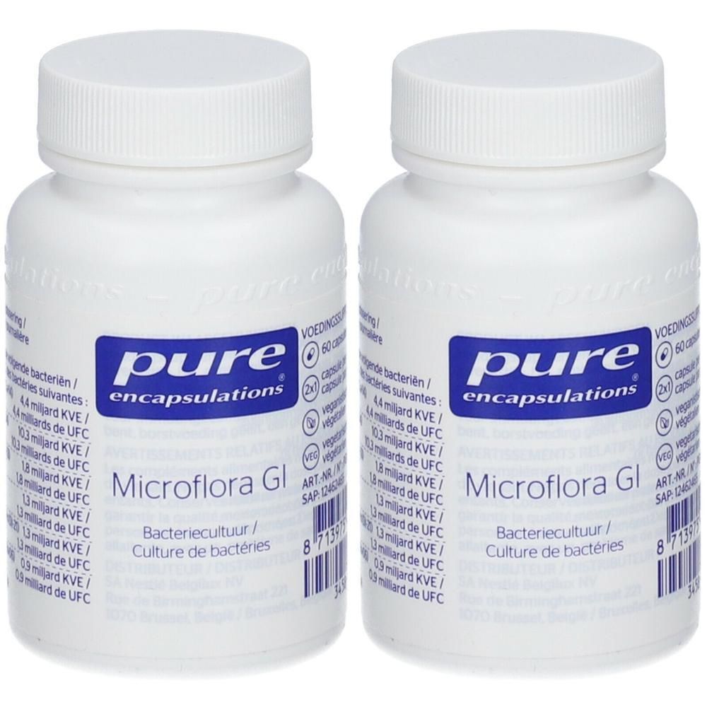 Twee witte flessen met blauwe etiketten. Opschrift: Pure Encapsulations Microflora GI. 60 capsules.