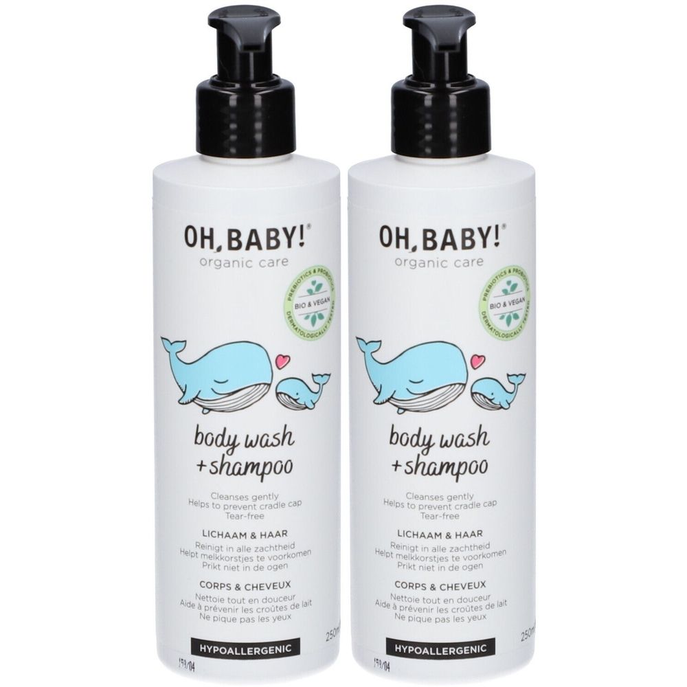 Twee witte flessen met zwarte pomp. Opschrift: OH, BABY! body wash + shampoo. Walvis illustratie en bio-keurmerk.