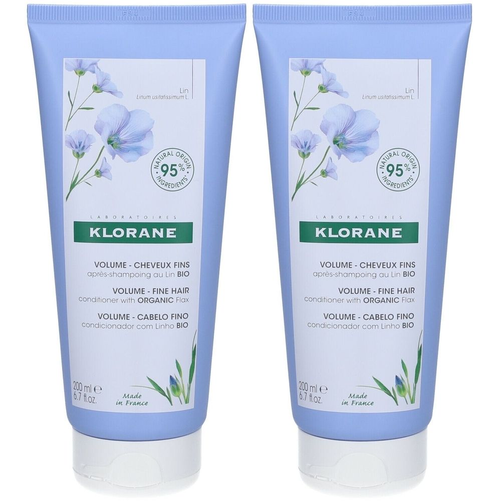 Deux tubes bleus de revitalisant Klorane. Inscription : Volume, Cheveux Fins, Après-shampooing au Lin BIO. Contient 95% d'ingrédients naturels.