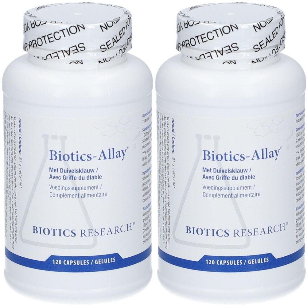 Deux flacons blancs de "Biotics-Allay". Inscriptions multilingues. 120 gélules. Sceau de protection sur le couvercle.