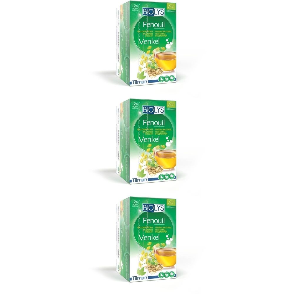 Drie groene dozen met Biolys Fenouil, Venkel. Elke doos toont een kopje thee. Biologische certificering.