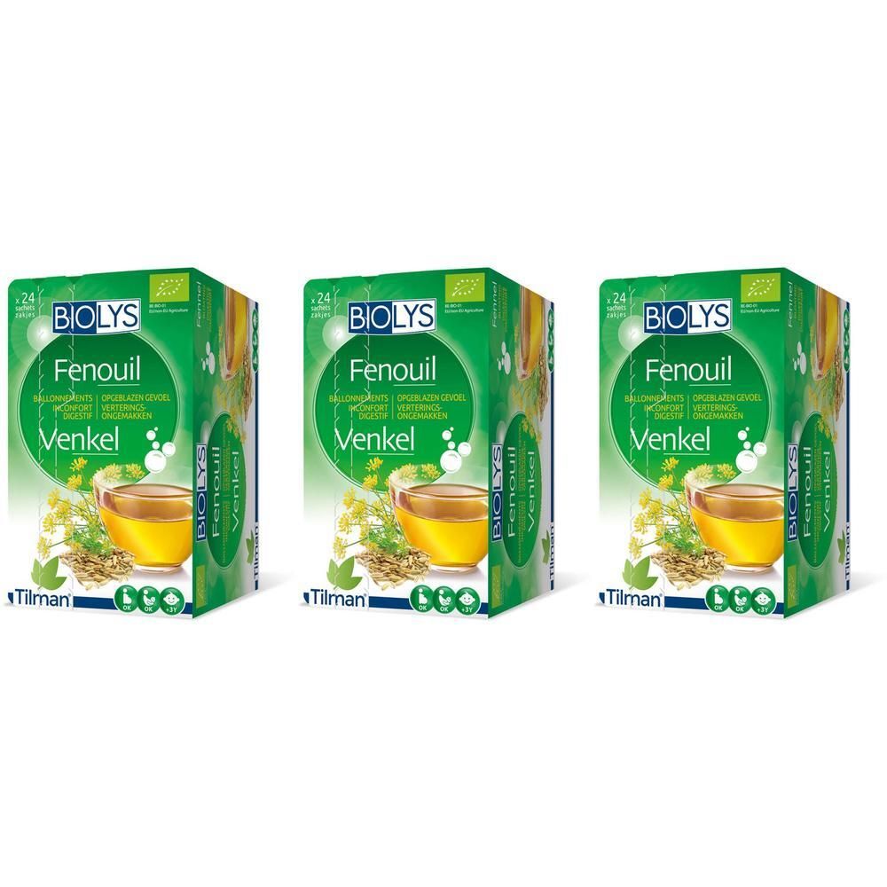 Trois boîtes vertes Biolys Fenouil. Inscription : Fenouil, Venkel, 24 sachets, label bio. Illustration d'une tasse de thé.