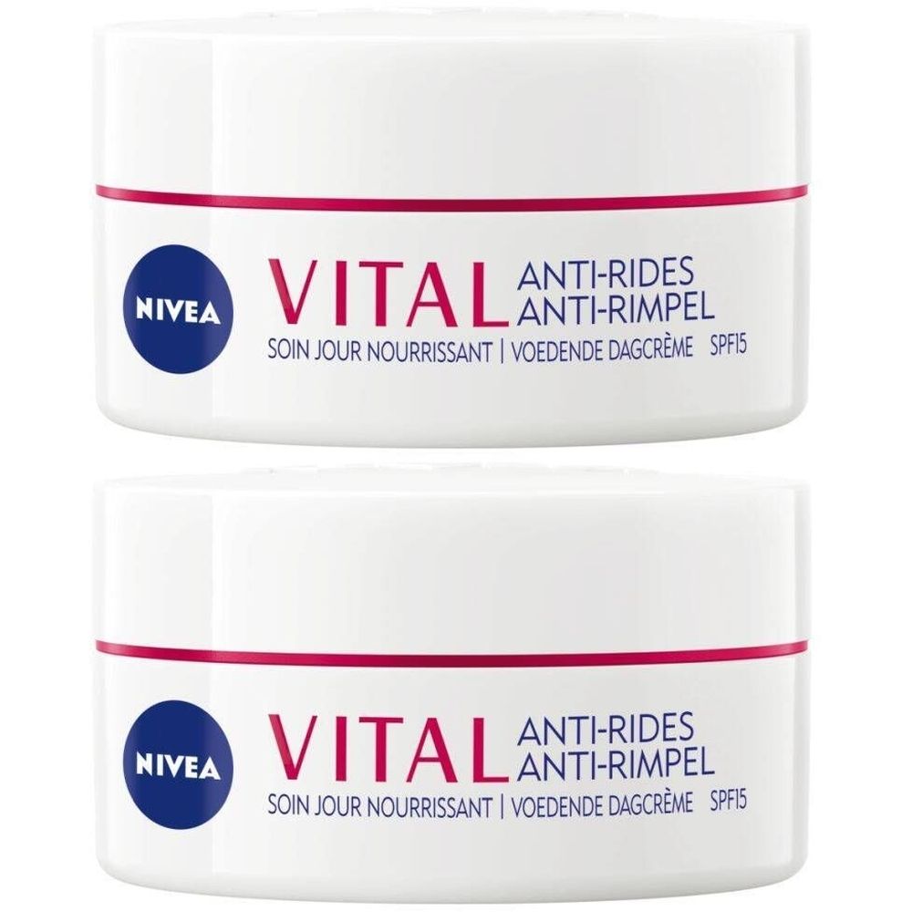 Twee witte potten met rode streep. Opschrift: NIVEA VITAL Anti-Rides. Soin Jour Nourrissant. SPF15.