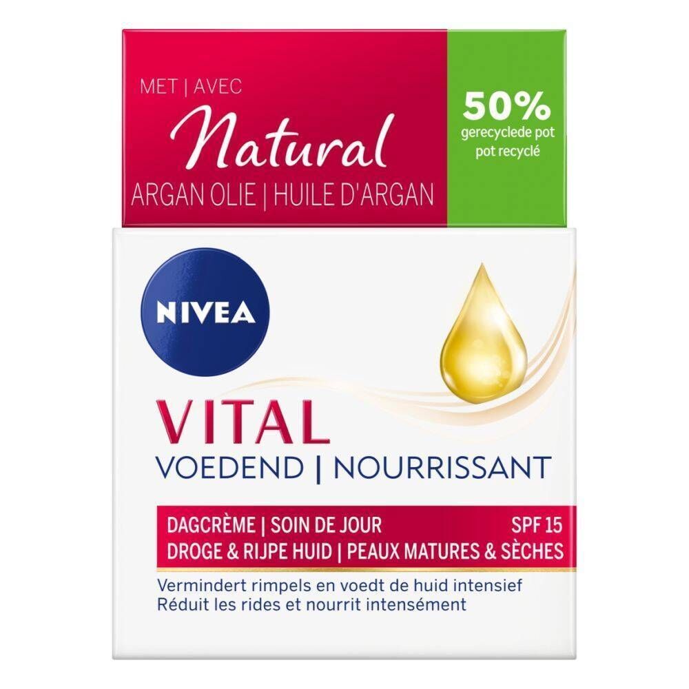 Verpakking met NIVEA VITAL dagcrème. Rode en witte achtergrond. Opschrift: Natural Argan Olie, SPF15.