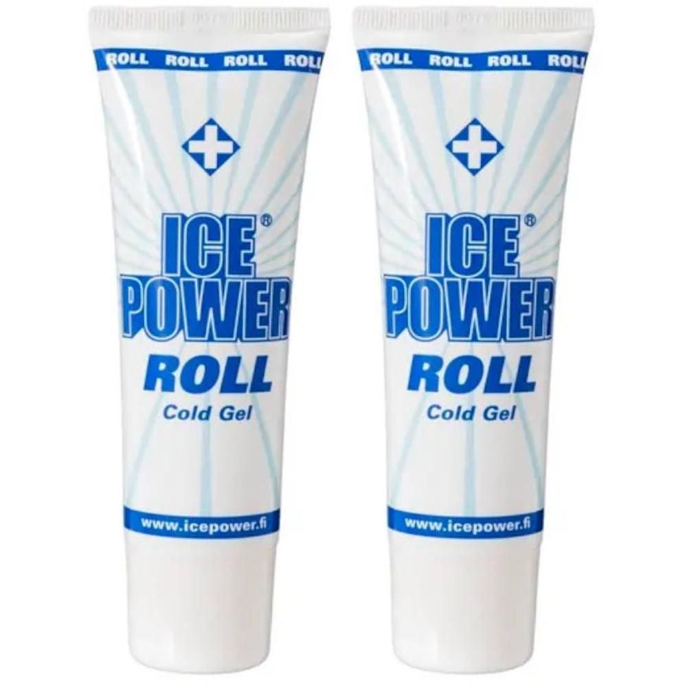 Twee tubes Ice Power Roll Cold Gel. Witte tubes met blauwe tekst en logo. Opschrift: Ice Power Roll Cold Gel.