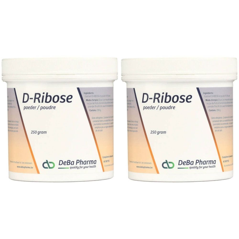 Deux pots blancs avec couvercles. Inscription "D-Ribose poeder/poudre" et "250 gram". Logo DeBa Pharma.
