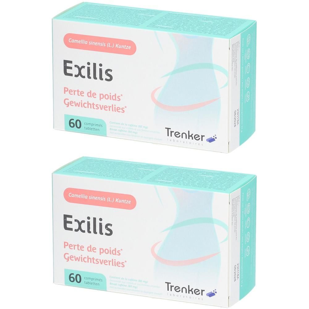 Twee dozen Exilis. Opschrift: Perte de poids, 60 tabletten. Merk Trenker. Afbeelding van een silhouet.