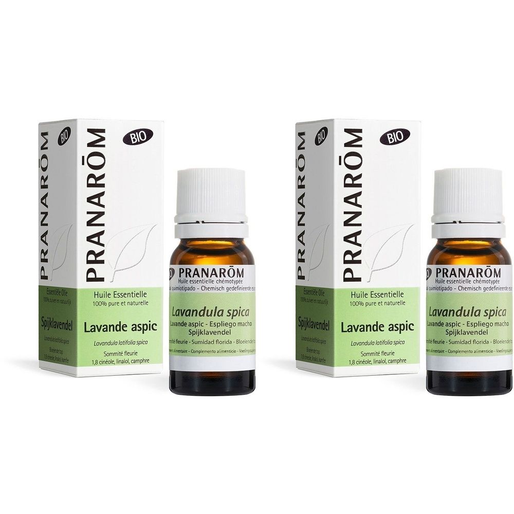Deux flacons et emballages. Inscription: Pranarôm, Huile essentielle Lavande aspic, Bio.