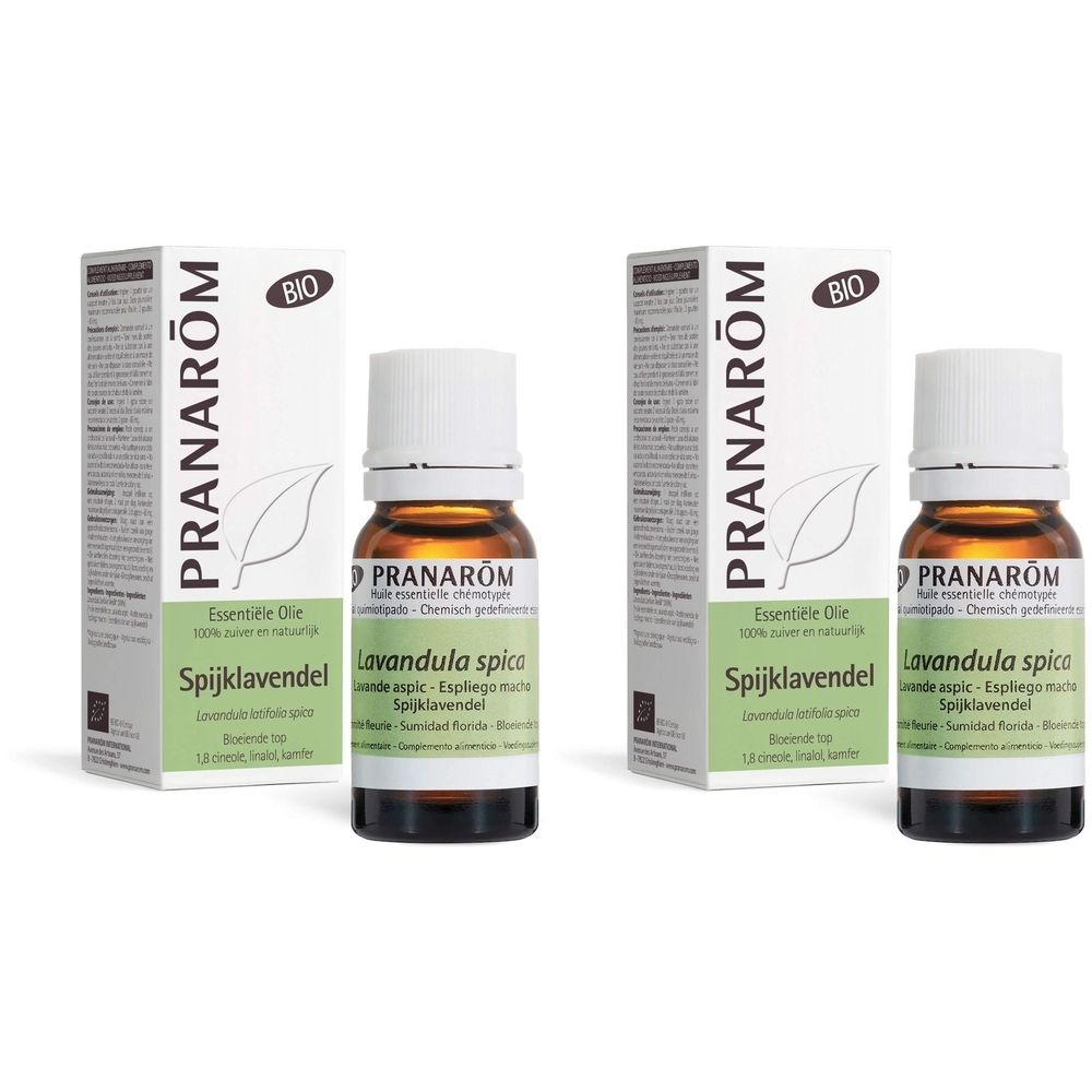 Twee flesjes en verpakkingen. Opschrift: Pranarôm, Spijk lavendel, Bio.