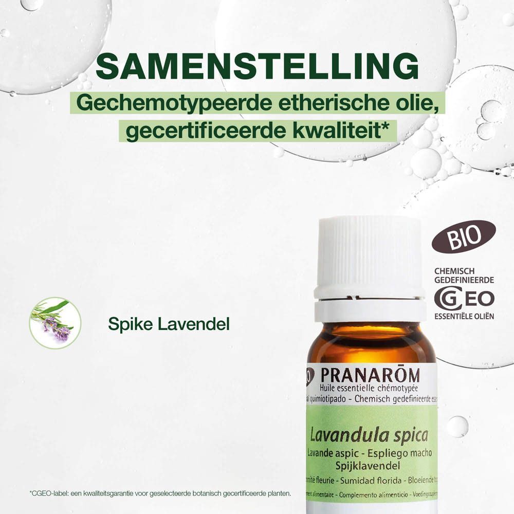 Een flesje Spijklavendel. Tekst: Essentiële olie. Gecertificeerde kwaliteit. Bio-certificering.