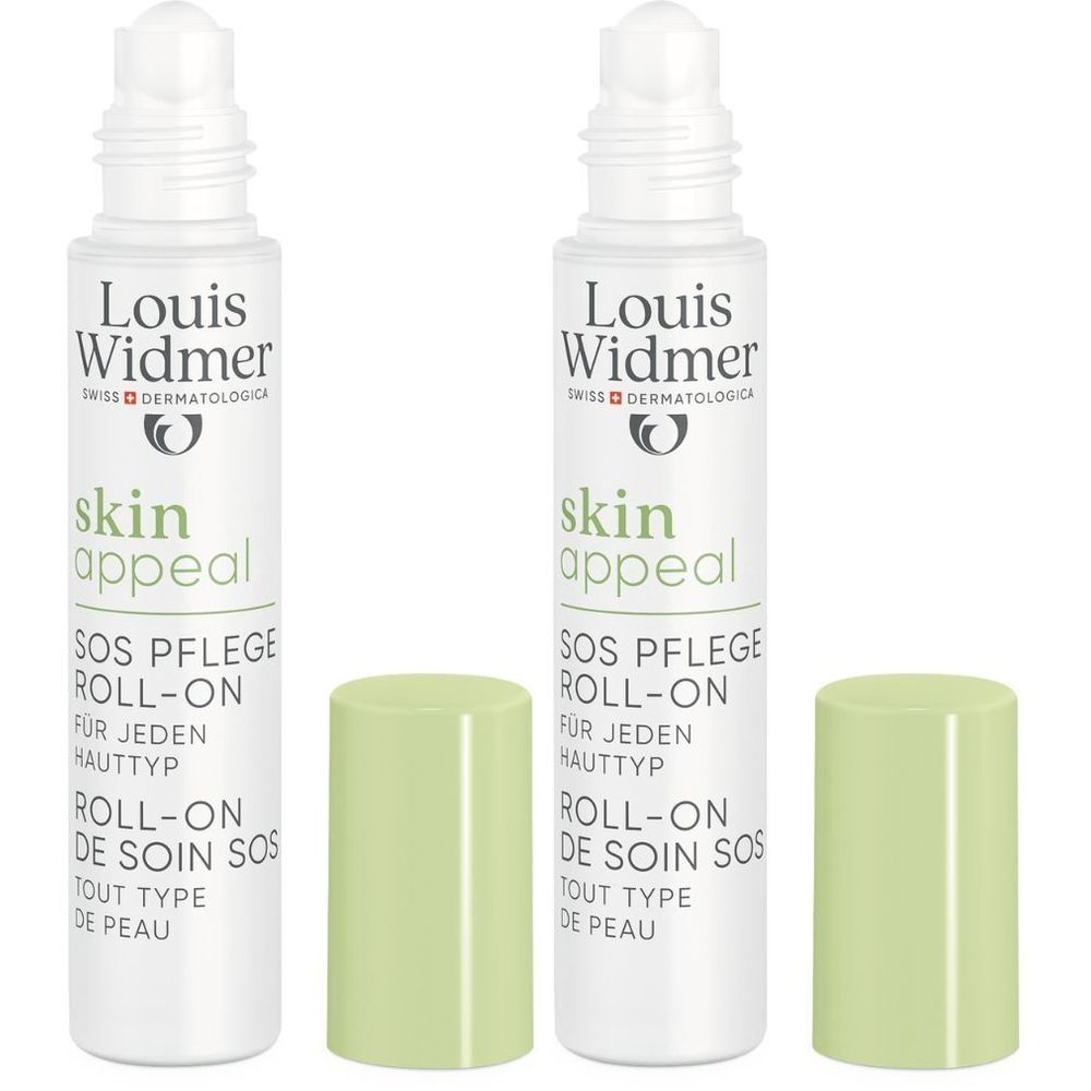 Deux flacons Louis Widmer Skin Appeal Roll-On. Flacons blancs avec bouchons verts. Inscription : Skin Appeal, SOS Pflege Roll-On.