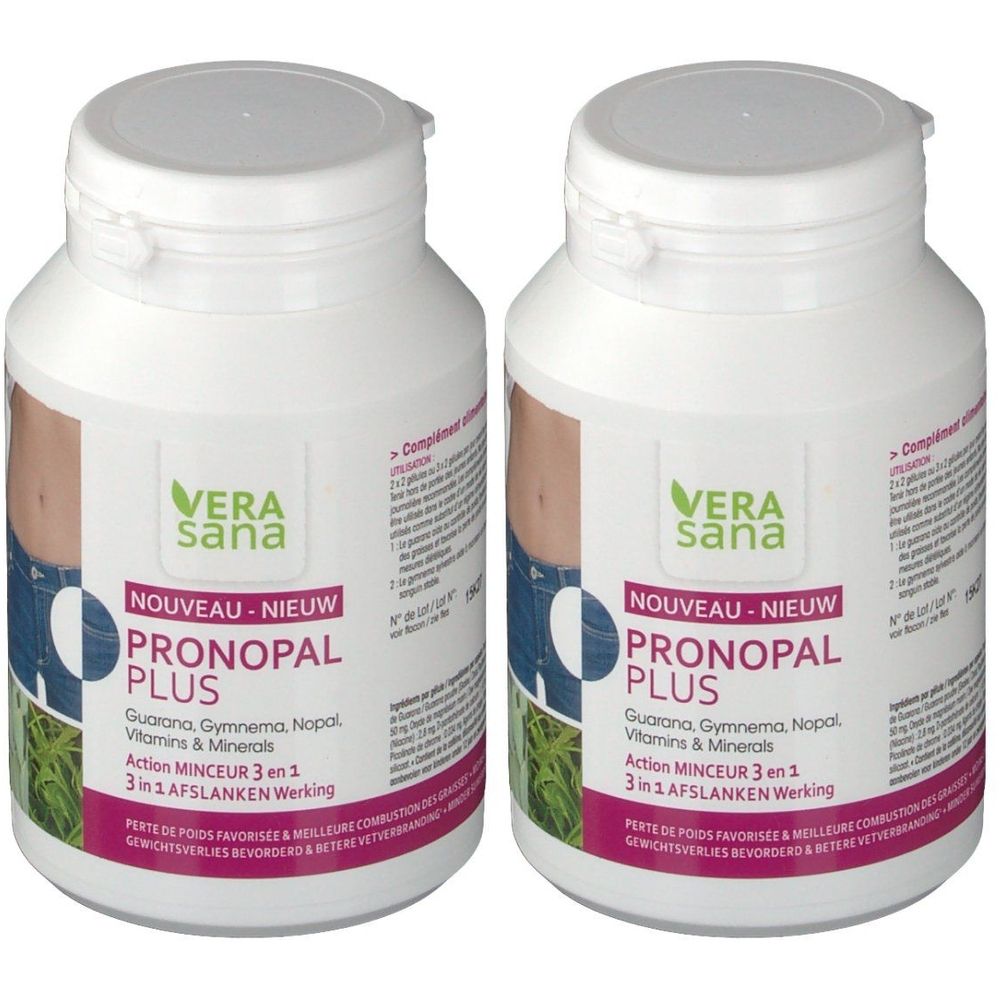 Twee witte flessen met de productnaam Pronopal Plus. Opschrift: Vera Sana, NOUVEAU-NIEUW, Action Minceur 3 en 1. Met vitaminen en mineralen.