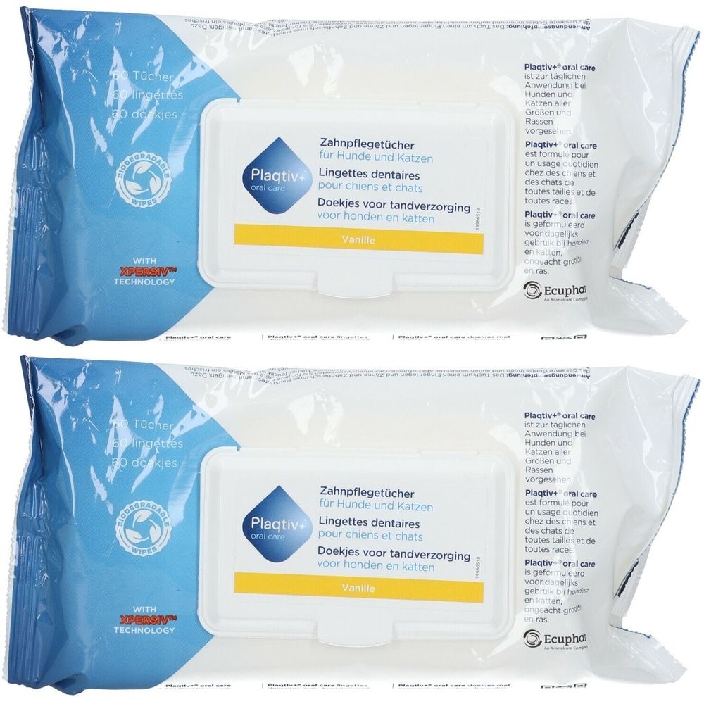 Deux paquets de lingettes Plaqtiv+ pour l'hygiène dentaire des chiens et chats. Emballage blanc avec logo bleu et texte.