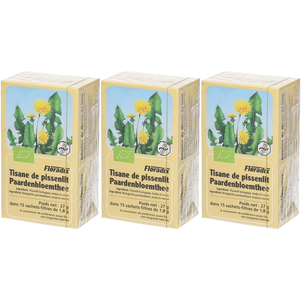 Drie dozen kruidenthee. Opschrift: Tisane de pissenlit Paardenbloemthee. Bio-label. Gele verpakking met illustraties.