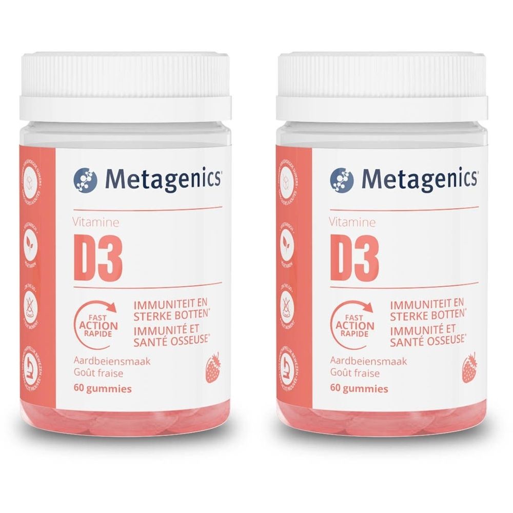 Deux flacons de gommes à la vitamine D3. Inscriptions : Metagenics, D3, goût fraise, 60 gommes. Action rapide, immunité et santé osseuse.